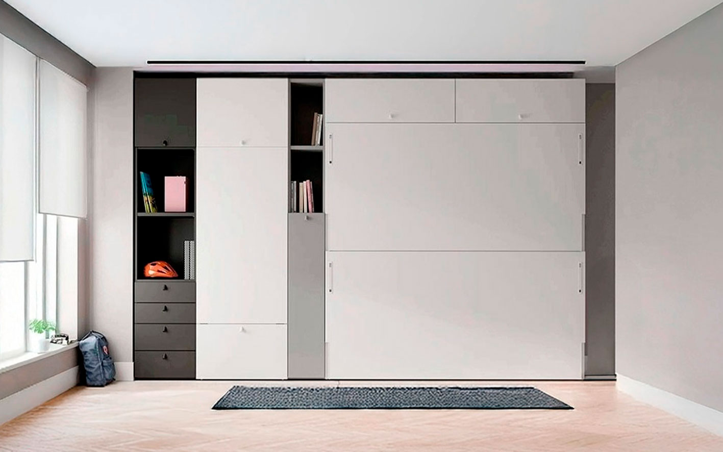 Mueble con literas abatibles horizontales y mesa de estudio integrada, personaliza en color o madera.