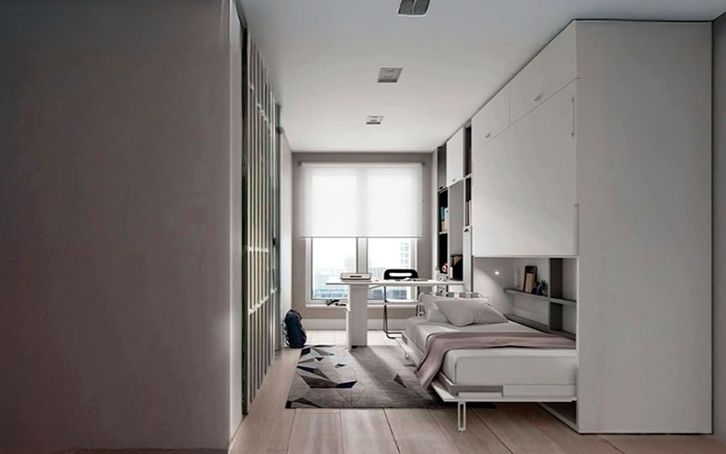 Mueble con literas abatibles horizontales y mesa de estudio integrada, personaliza en color o madera.