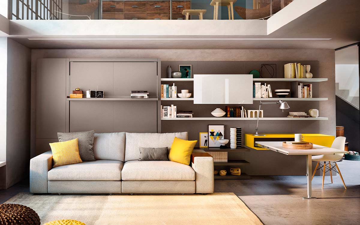 Cama abatible autoportante con sofá moderno y estructura resistente de aluminio.