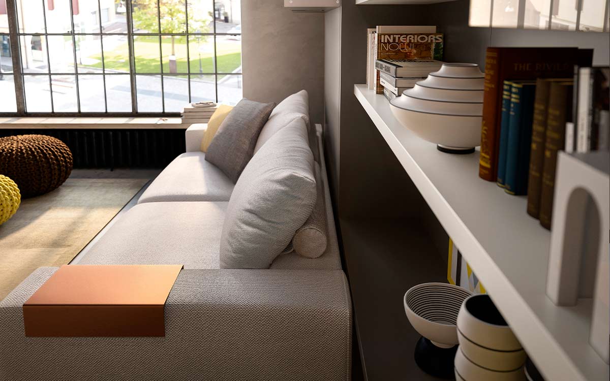 Cama abatible autoportante con sofá moderno y estructura resistente de aluminio.