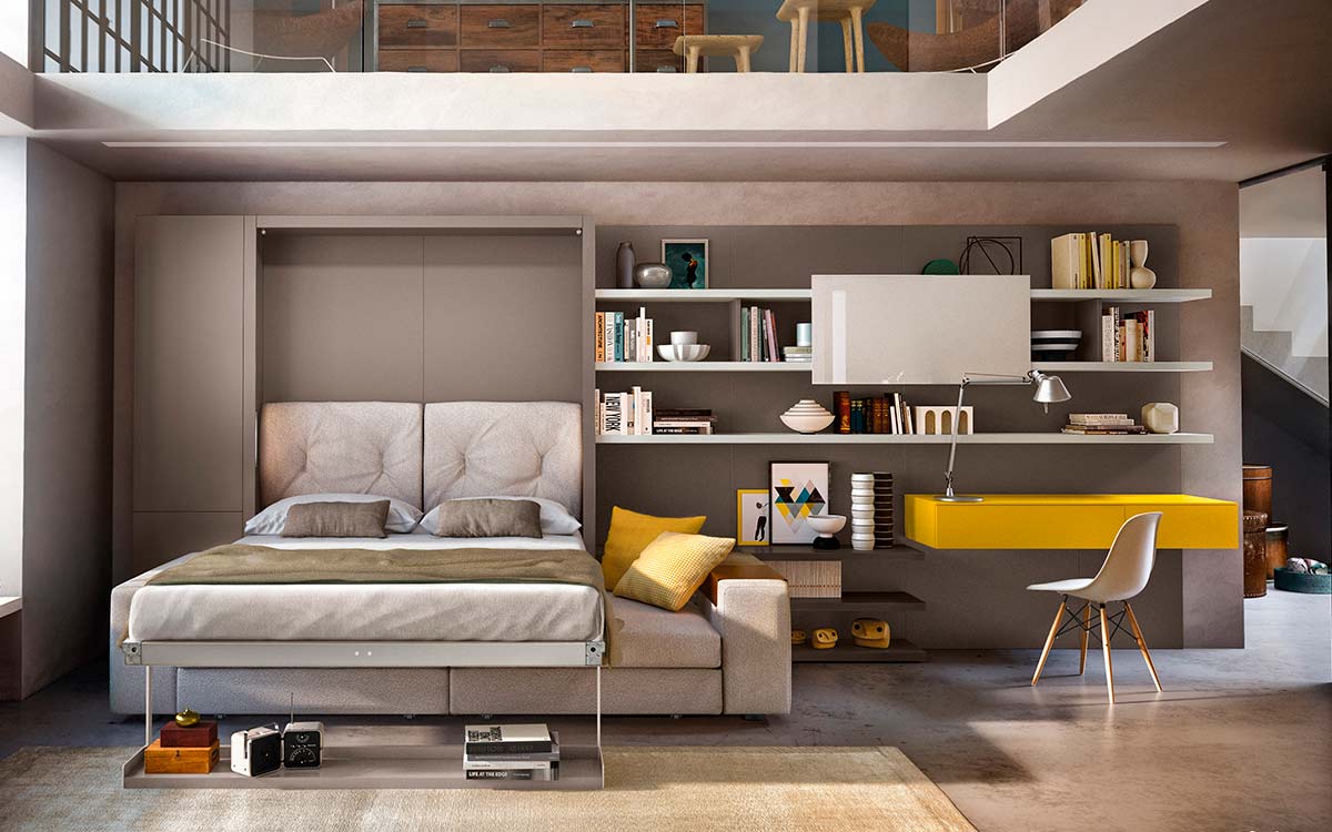 Cama abatible autoportante con sofá moderno y estructura resistente de aluminio.