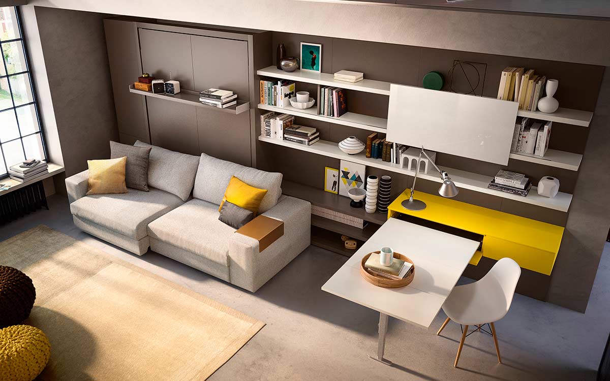 Cama abatible autoportante con sofá moderno y estructura resistente de aluminio.