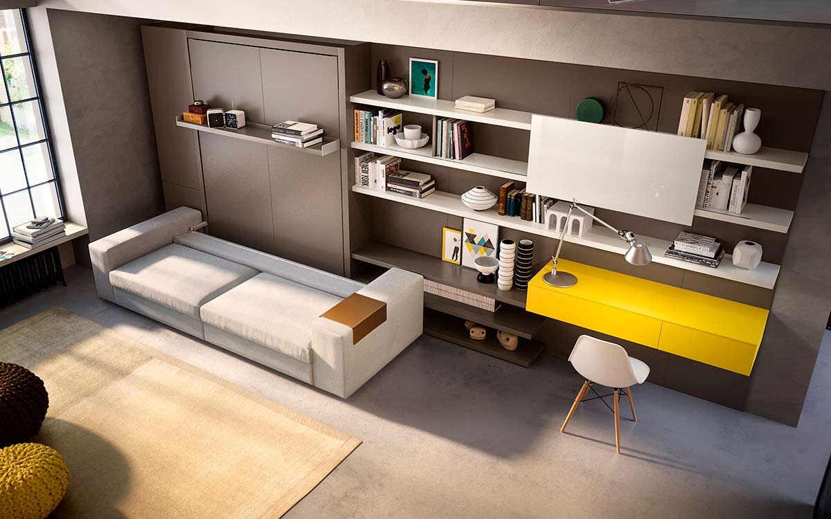 Cama abatible autoportante con sofá moderno y estructura resistente de aluminio.