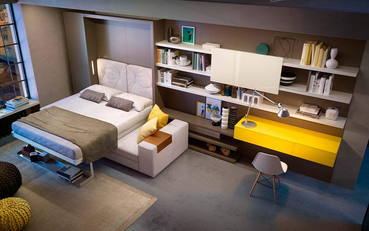Cama abatible autoportante con sofá moderno y estructura resistente de aluminio.