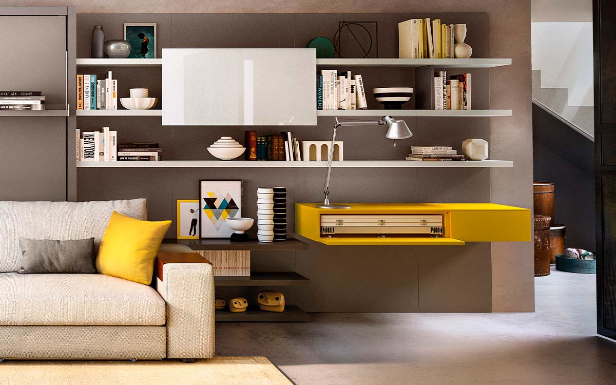 Cama abatible autoportante con sofá moderno y estructura resistente de aluminio.