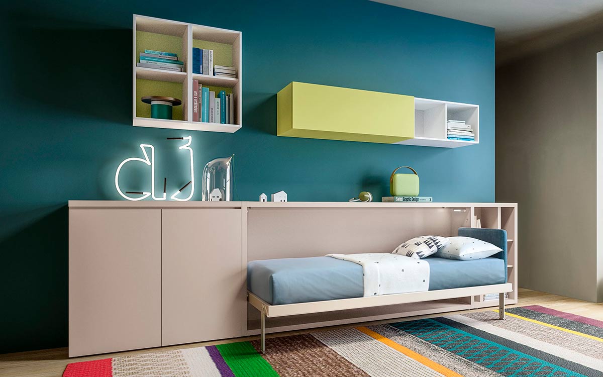 Cama abatible horizontal de líneas limpias con cabecera textil reclinable.