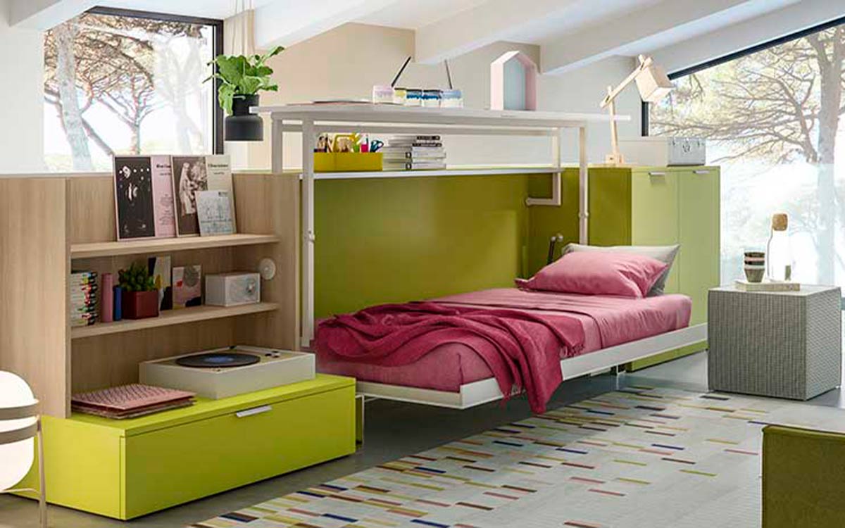 Cama abatible individual con escritorio frontal, diseño funcional y modular.