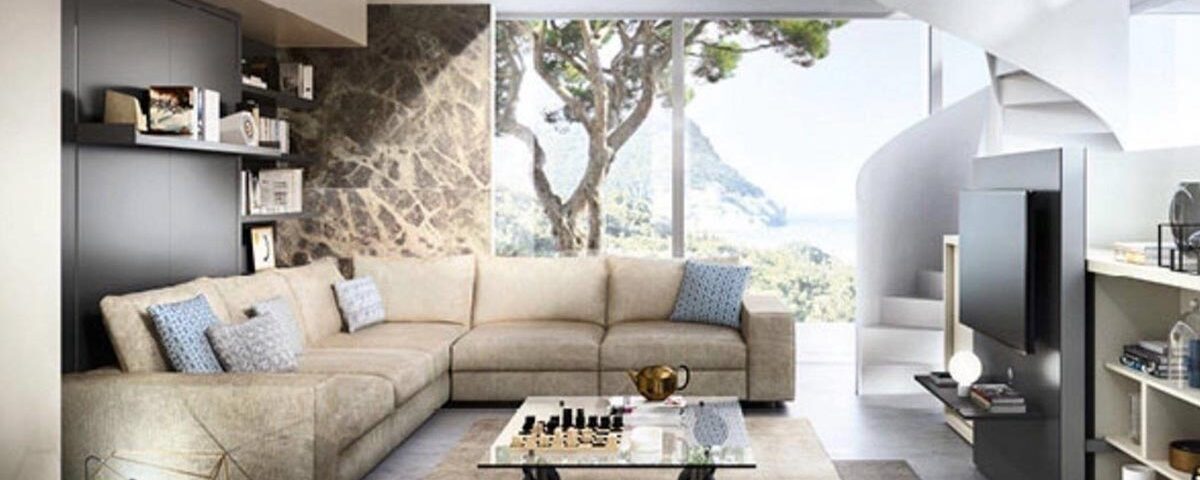Mueble cama abatible con sofá rinconero modular y asientos deslizantes para máximo confort.