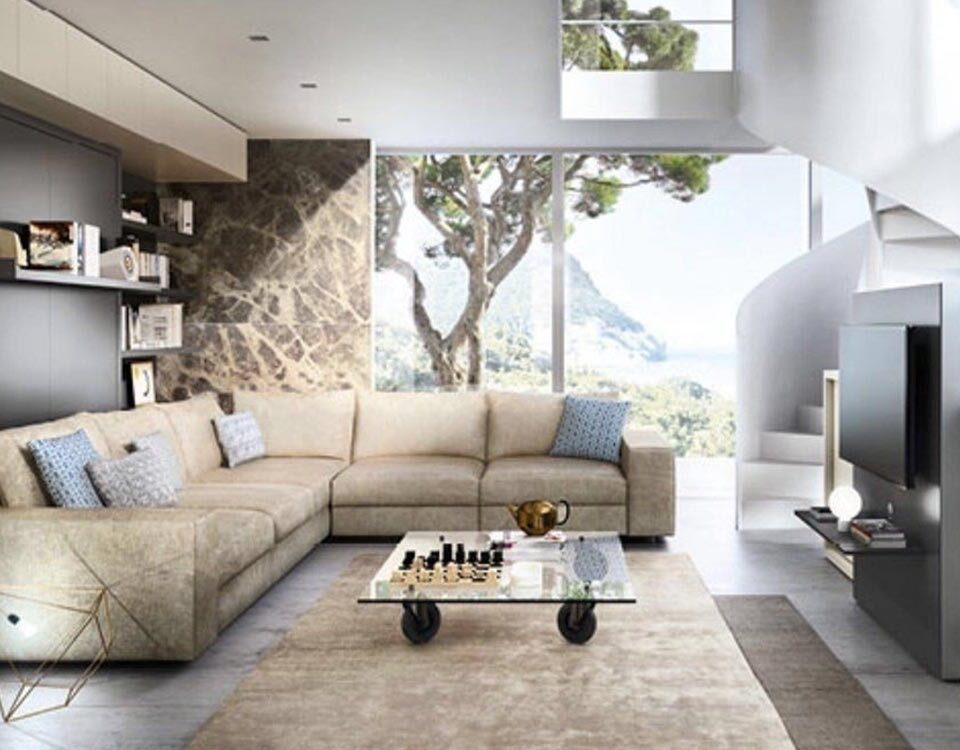 Mueble cama abatible con sofá rinconero modular y asientos deslizantes para máximo confort.