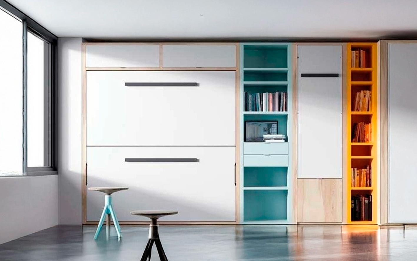 Litera abatible horizontal con altillo funcional y diseño compacto.