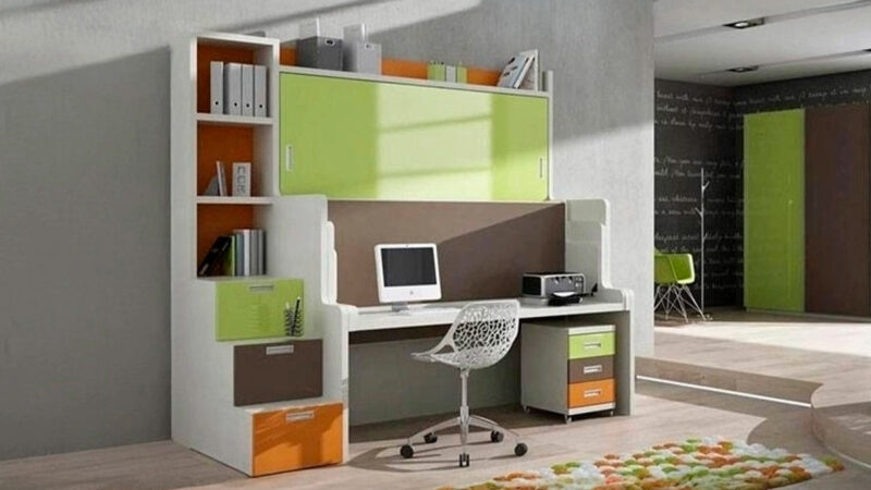 Mueble cama abatible individual con litera fija y mesa integrada.