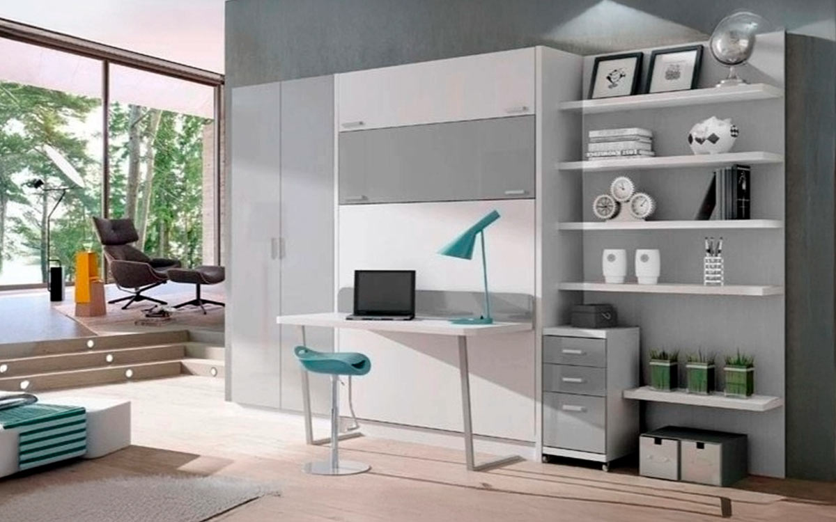 Mueble cama abatible de matrimonio con mesa incorporada personalizable.