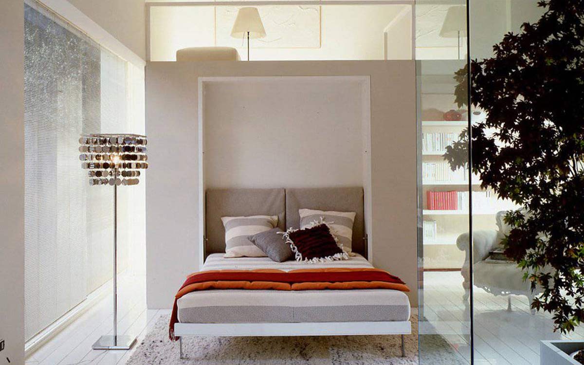 Cama abatible vertical de matrimonio lineas minimalistas.